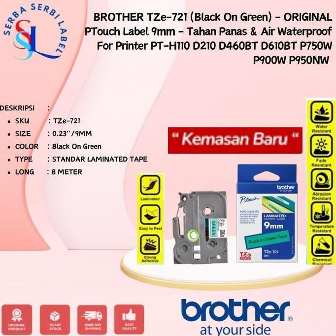 

Brother Tze-721 9Mm Ptouch Tape Label Tze721 Black On Green New Stok