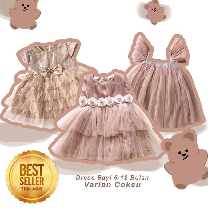 Dress Bayi Perempuan 0-12 Bulan Import Baju Warna Coksu Mocca Gaun Baby Tulle Varian Warna Coklat Su