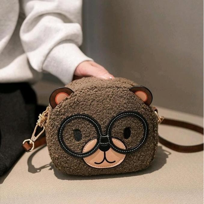 8385 New Tas slempang bulu / Tas cantik kepala bear / Tas beibaobao