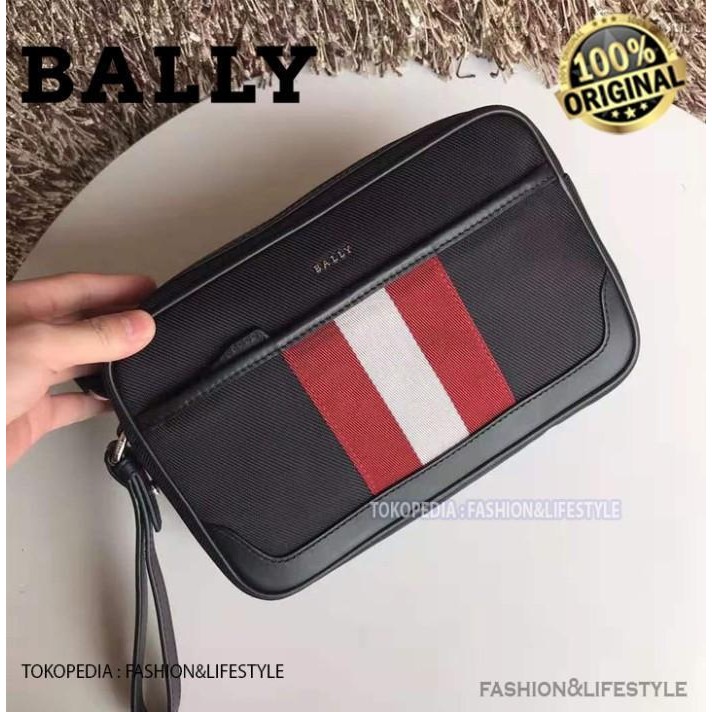TS Bally Men Caliros Clutch Bag Black Stripe 100% ORIGINAL BALLY