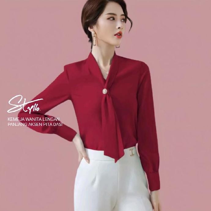 Kemeja Blouse Wanita Lengan Panjang Kerah Syall Leher Model Korea - Styllo Female Corner Elegan Basi