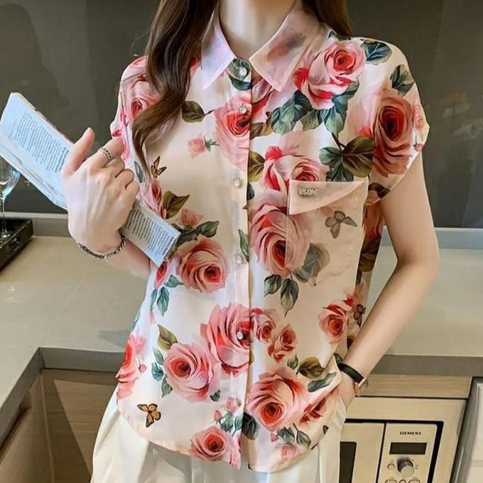 FS 7221 Kemeja atasan ELINA floral Top crepe motif bunga premium lengan pendek baju blouse hem wanit