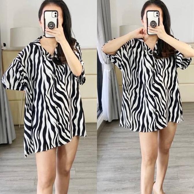 kemeja jumbo motif zebra / kemeja oversize zebra bahan rayon Ld 120 Ld 130 Baju Kancing Nyaman