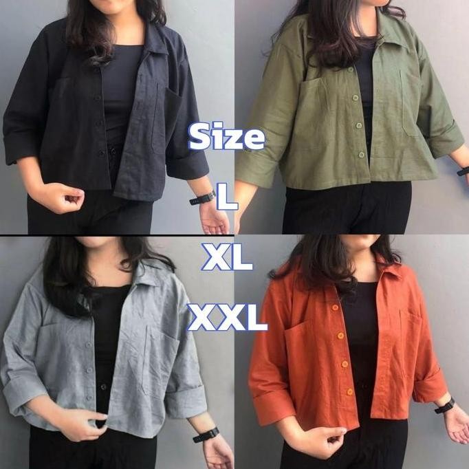 Baju Atasan Kemeja Hem Shirt Katun Crop Top Kuliah Kampus Hitam Army Abu Abu Pink Biru Langit Teraco