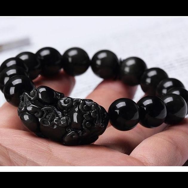 New Collection - Gelang Giok Hitam Black Onyx Ori Pixiu Keberuntungan Tali Elastis G39