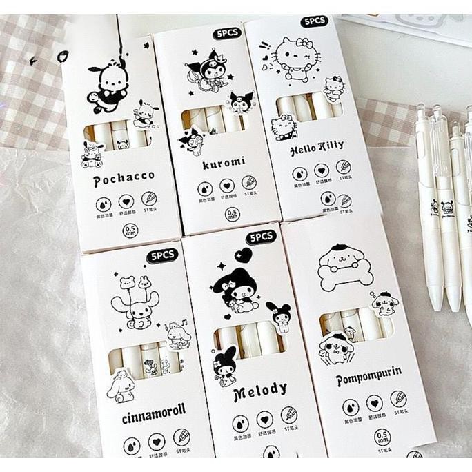 

[MILOLI] 5Pcs PENA COVER WHITE SANRIO MEKANIK Pen Gel Rectrable Pen Black 0.5mm Pulpen Minimalist - D0069 SM