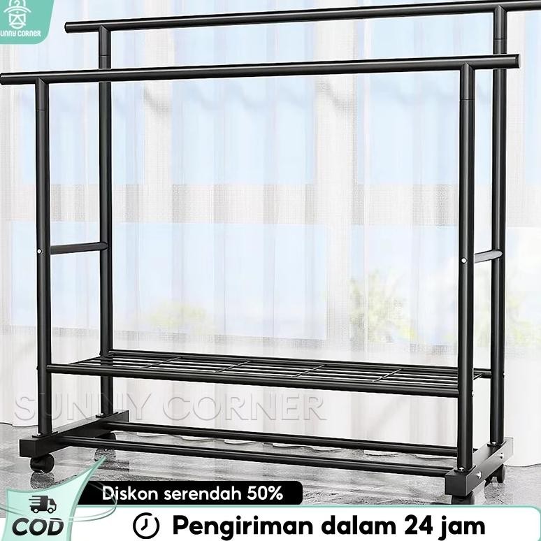 Rak Gantungan Baju Stand Hanger 2 tingkat Gawang Baju Jemuran Pakaian Portable Jemuran Baju Dengan 4