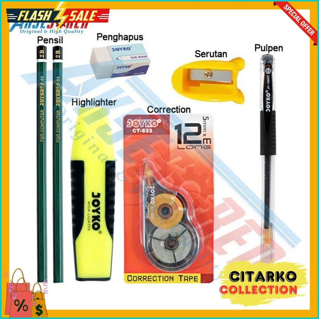 

Perlengkapan Paket Alat Tulis Ujian Sekolah Lengkap Joyko [Pulpen Gel + Pensil 2B + Rautan Pensil Karekter + Penghapus Putih + Tipe X Kertas + Highlighter ] / Alat Tulis Sekolah Lengkap / Alat Tulis 1 Set Lengkap / Alat Sekolah Lengkap 1 Paket Murah
