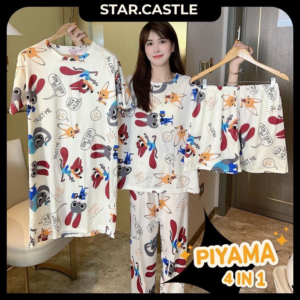 Piyama 4 Set Wamita Dewasa Jumbo Lembut Dan Dingin  /4In1 Baju Tidur Set Daster Celana Pendek Celana