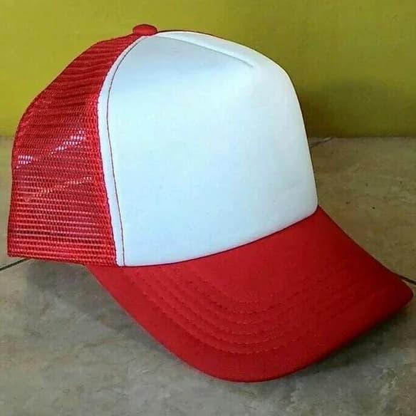TOPI TRUCKER MERAH PUTIH POLOS HS