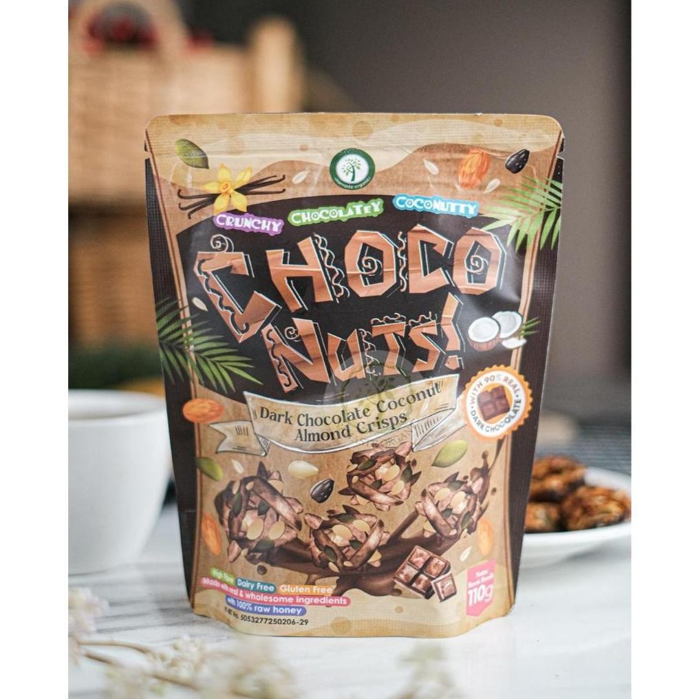 

CHOCONUTS - DARK CHOCOLATE COCONUT ALMOND CRISPS 110GR Nugi
