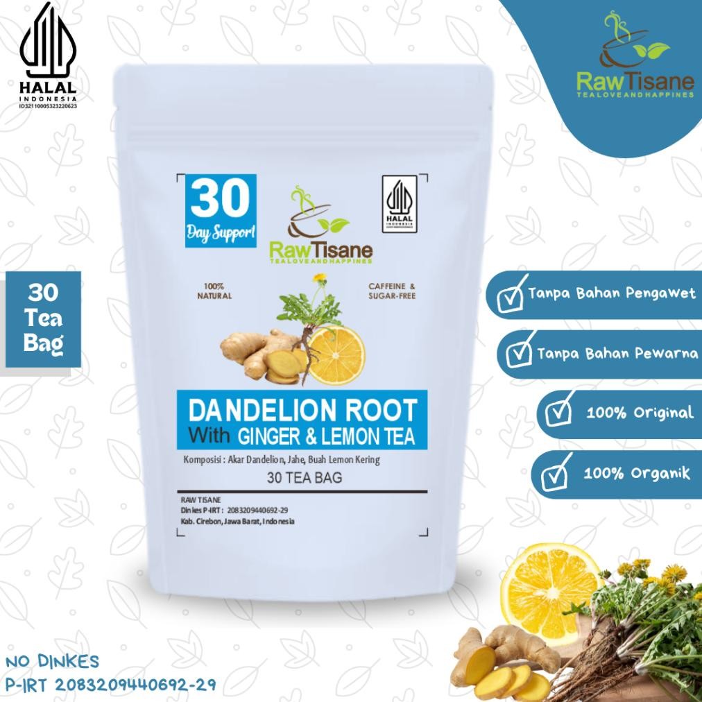 

RAW TISANE Dandelion Root Ginger Lemon Tea : Teh Akar Dandelion, Jahe & Buah Lemon Kering Isi 30 Tea Bag Nugi