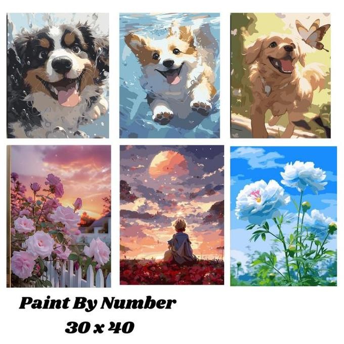 

30x40cm Paint by Number Kit Canvas DIY Panda Corgi Animal Little Kanvas Lukis Set Menggambar Melukis