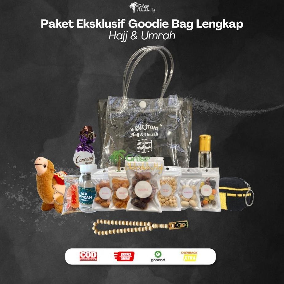 

Paket oleh oleh Haji Dan Umroh Eksklusif Tas Goodie Bag Totebag Transparan Lengkap series Gantungan Kunci Unta dan Kabah Nugi