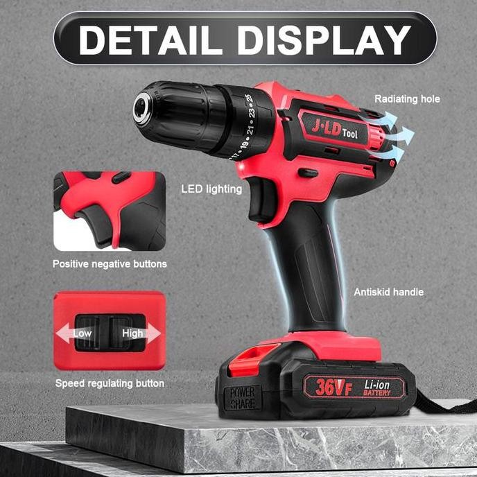 Promo JLD Mesin Bor 2 Baterai 36Vf Buat Tembok Beton Cordless Impact