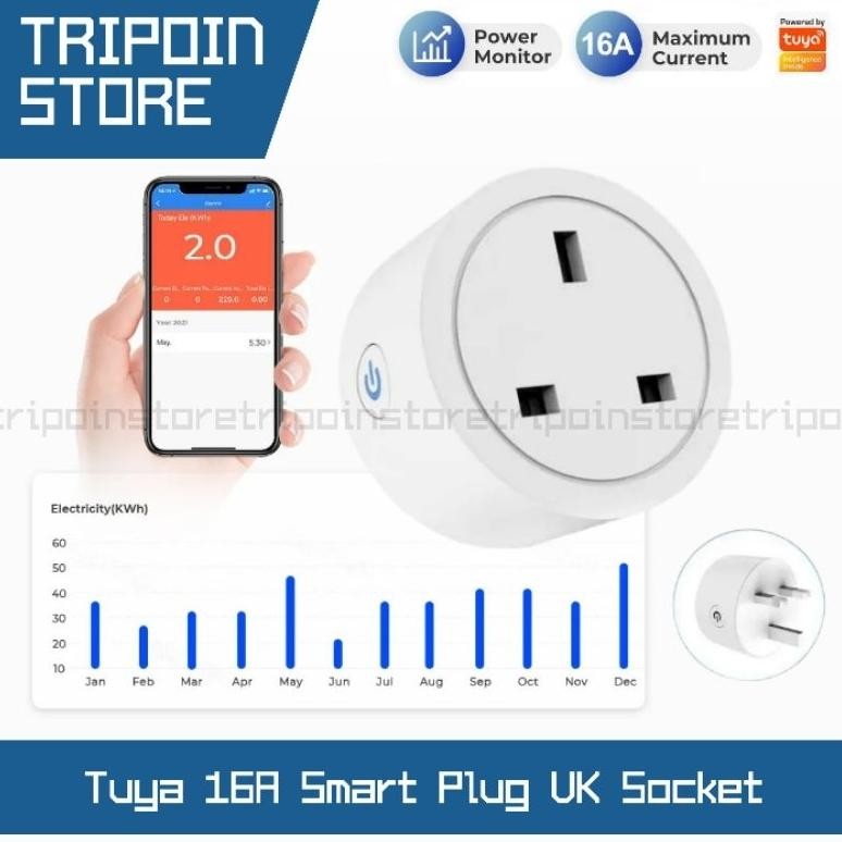 Tuya WIFI Smart Plug UK 16A Steker AC Colokan Kaki 3 Power Energy Watt Meter Monitor Daya Listrik
