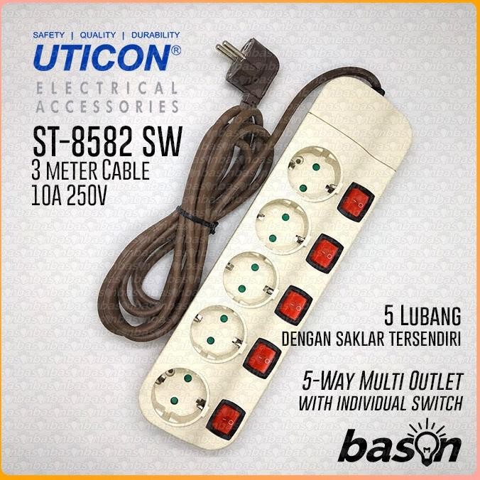 UTICON ST8582SW + 5 Lubang + Kabel 3 Meter - Stop Kontak + Saklar Individual