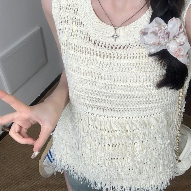 Kamisol Rajut Leher Bulat Berongga Baru T Baju Wanita KAOS