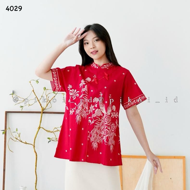 [kajirtjaya - ] Atasan Cheongsam Batik Merah CNY / Baju Congsam Qipao Sincia Katun Stretch / Top bat