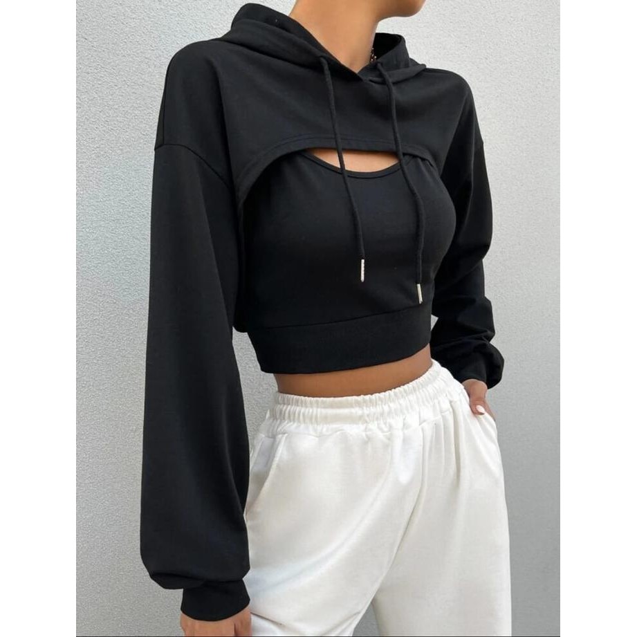 ZCS Hoodie Setegah Badan Hoodie Cewe Seksi Hoodie Serut Legan panjang Warna Polos Wanita Atasan Seru