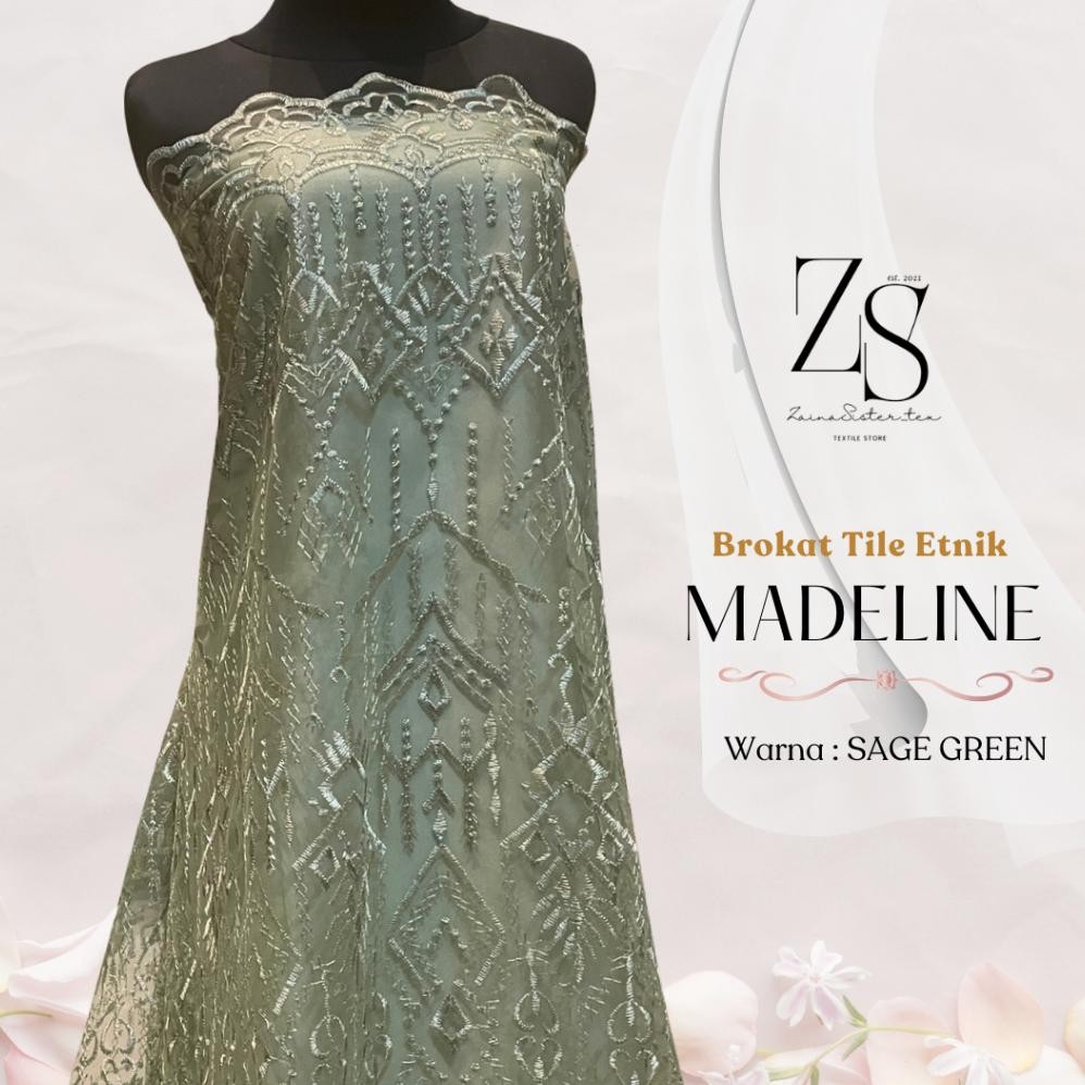 DF336>> 1/2 meter Kain Bahan Kebaya Brokat Brukat Tile Etnik Madeline Motif 3 Warna Sage Green Army 