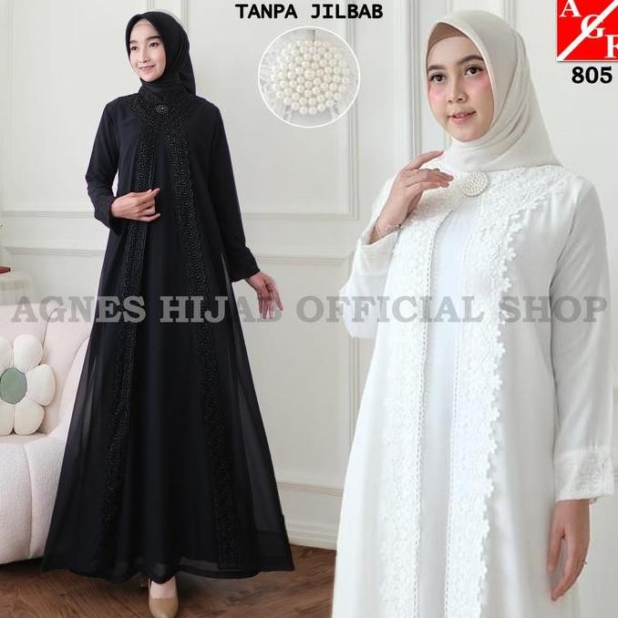Agnes Hijab - Kamila Dress Gamis Putih Baju Lebaran 2024 Model Baru Elegan Renda Kombinasi Silk Abay