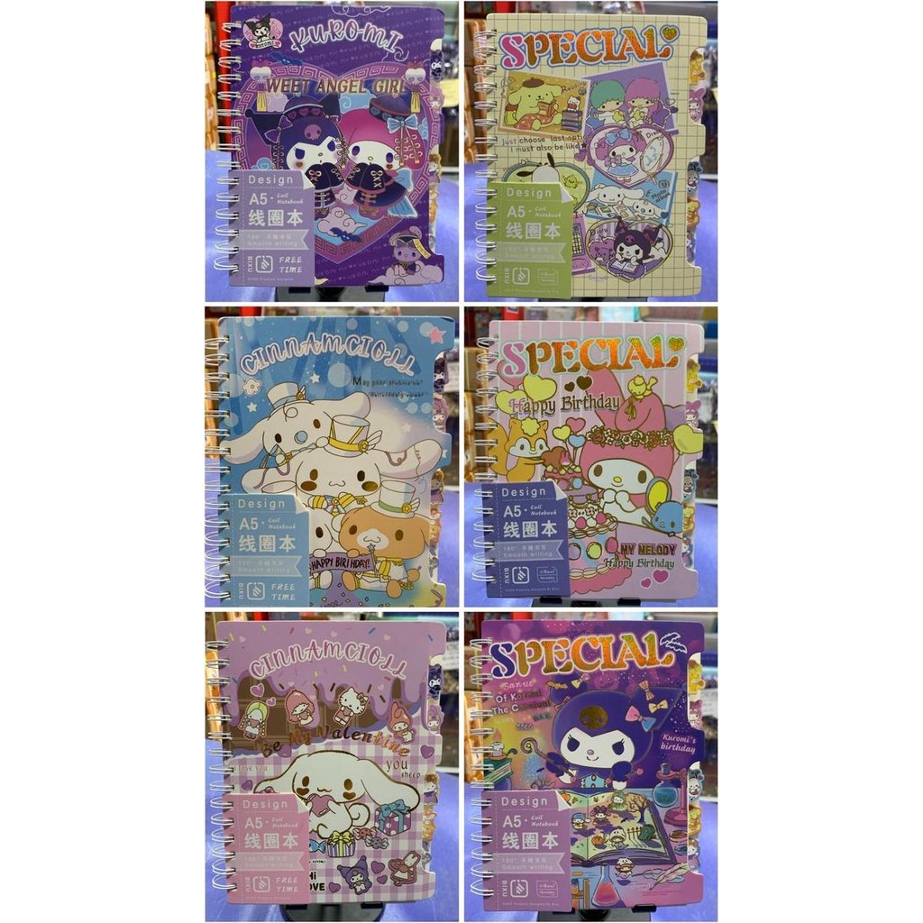 

:0:0:0] buku note book ring kawat ring kawat gambar sanrio kuromi dkk plus divider 5 sekat cover foil isi 100 lembar cover tebal acua