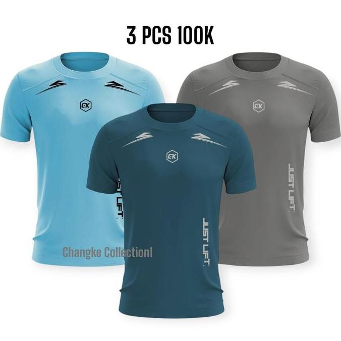 PAKET 3 BAJU OLAHRAGA PRIA LENGAN PENDEK BAHAN DRY FIT PAKAIAN SPORT BAJU GYM FUTSAL SENAM JOGGING T