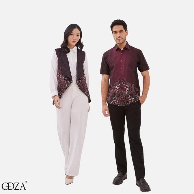 Odza Couple Set Kemeja Batik Lengan Pendek Pria Rompi Wanita Outer Vest Luaran Allsize Merah Maroon