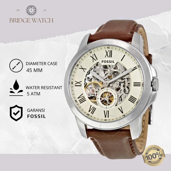 Jam Tangan Fossil Pria Grant Me3052 Automatic Brown Leather Strap Kulit Coklat Casual Original