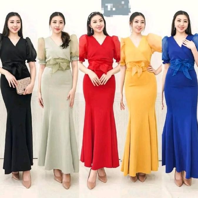 LooWear Dress Pesta Wanita Lengan Pendek Puff Bahan Scuba Premium Model Duyung Mermaid Mewah Dengan 