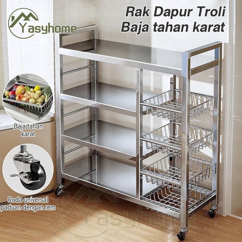 Rak Troli Susun Roda Trolley Besi Rak Susun Serbaguna Stainless Rak Dapur Cbl
