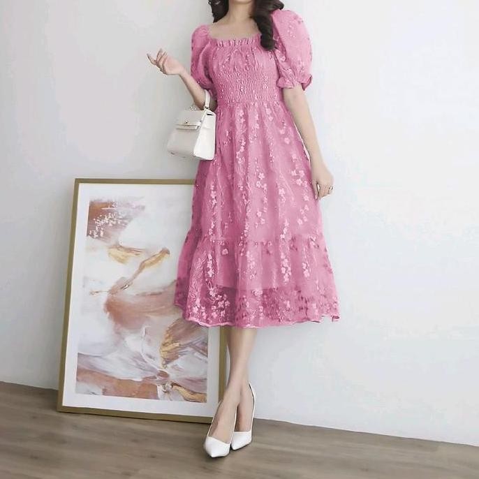 DRESS BRUKAT MELDY SIZE M L XL GAUN NATAL BROKAT TILE BORDIR SABRINA BAJU PESTA KONDANGAN WANITA ELE