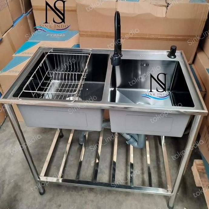 READY SINK INDO BAK CUCI PIRING PORTABLE STAINLESS STEEL 2 LUBANG SET KRAN LENGKAP