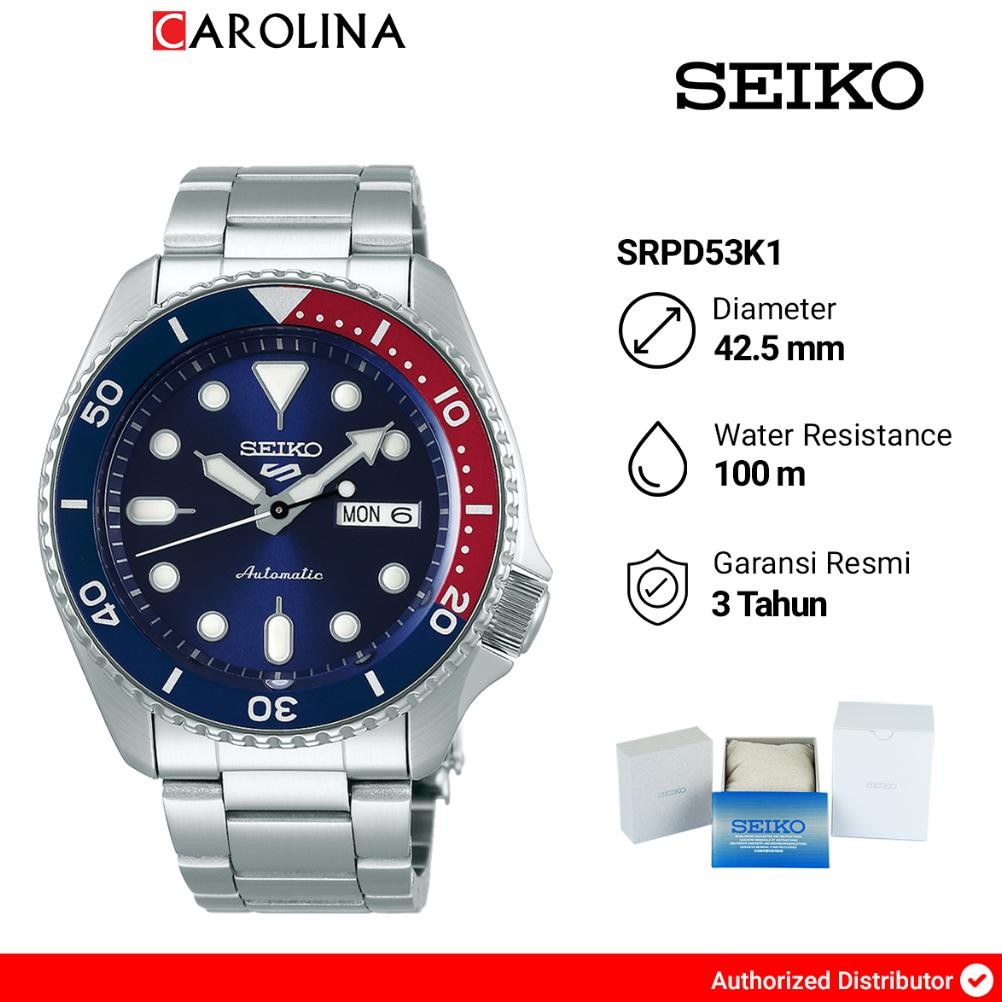 Terlaris Jam Tangan Pria Seiko 5 Sports Srpd53K1 Automatic Blue Dial "Pepsi" Bezel Stainless Steel S