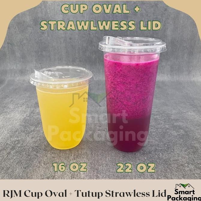 [Isi 50 Pcs] Rjm Gelas Plastik Oval Pp 16 Oz 22 Oz 7Gr + Strawless Lid Rjm Imp / Cup Plastik  Datar 