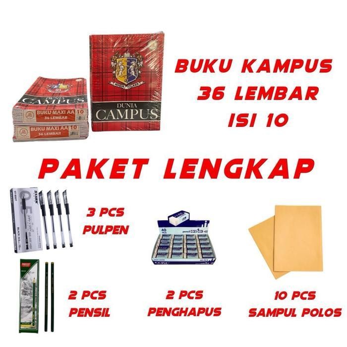 

SWG Buku kampus 36 lembar paket murah isi B.kampus 36 isi (10pcs) pulpen gell (3pcs) Pensil (2pcs) & Pengapus (2pcs) Sampul polos isi 10L