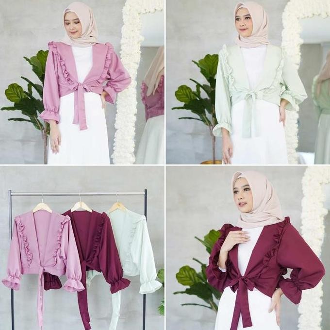 Outer Ruffle Taylor Cardigan Wanita Kekinian Crop Tali Ikat Depan
