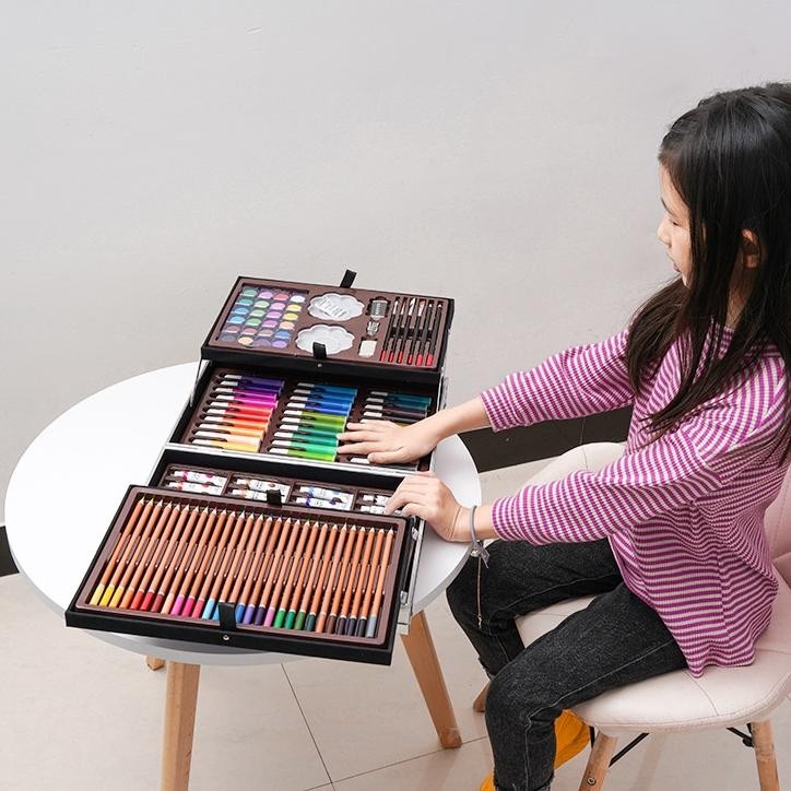 

Gq-68 Gu Crayon Set 145Pcs Koper Aluminium Besi Krayon Pensil Warna 145 Pcs Box Alat Lukis Anak Koper Set Gq-68