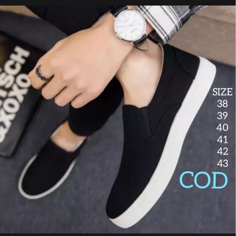Ews Spatu Pria Terbaru Sepatu Slip On Hitam Polos Spatu Sneakers Cowok Murah Spatu Tanpa Tali Cod