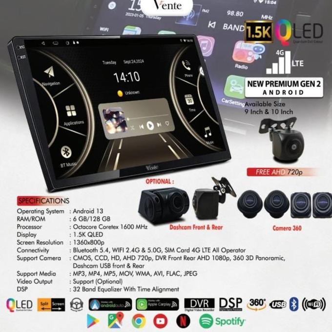 VENTE - Head Unit Android New Premium Series Gen 2 (4G LTE SIMCARD) 1,5K QLED 9 Inch 6/128 Gb
