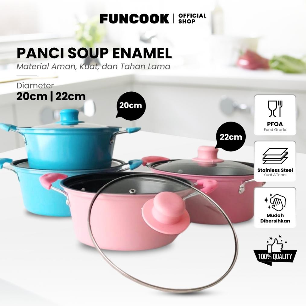 Ready Funcook Panci Enamel Warna Anti Lengket Tutup Kaca / Panci Kuah Sup