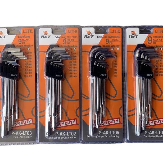 Murah Kunci L Set Panjang 9 Pcs Iwt Japan Hex-Hex/Flat-Ball/Torx-Torx/Flat-Torx Heavy Duty Extra Lon