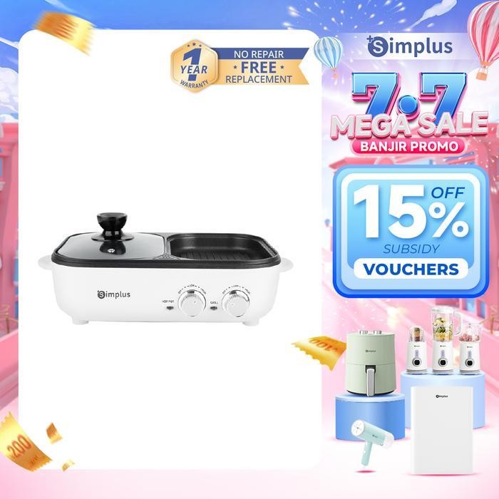 7.7 Mega SaleSimplus Panci & Pemanggang Elektrik Multifungsi Wajan 2 Dalam 1 Bbq Grill & Hotpot Low 