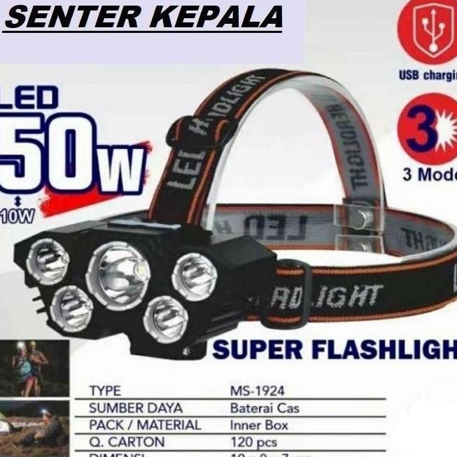 Senter Kepala 50 Watt 5 Led Rechargerable 3 Mode Cahaya