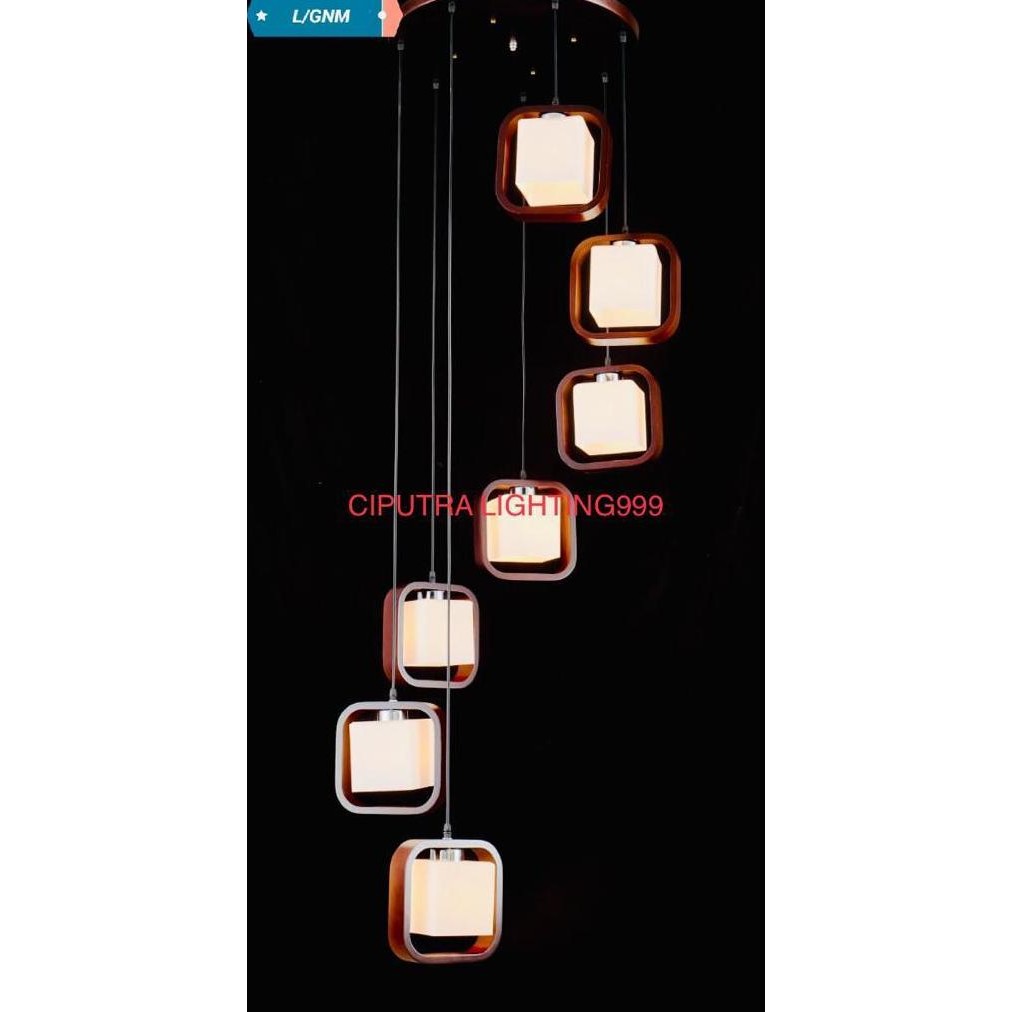 Lampu Gantung Hias Void/Tangga 7 Lampu Kaca Kotak
