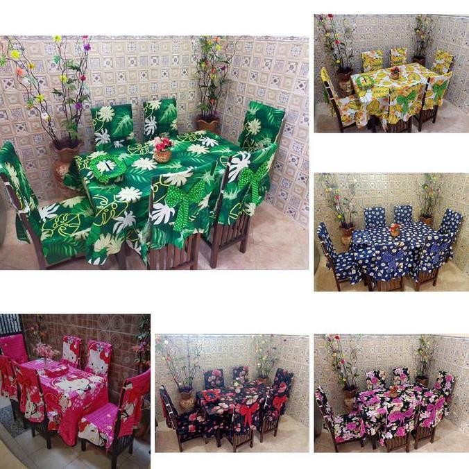 Set Sarung Kursi Makan 6 Kursi Motif/Cover Taplak Meja Makan/Ctc/Cover Seo