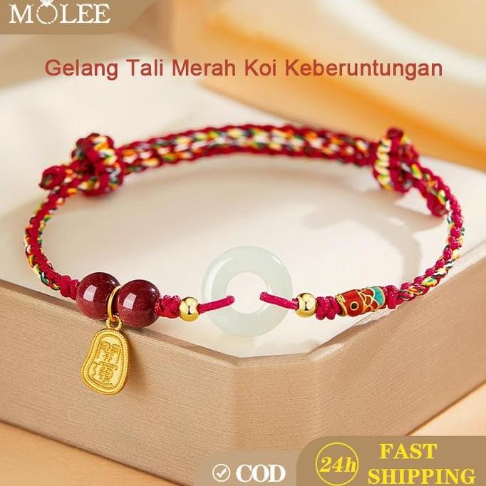 Baru Gelang Koi Pembuka Rejeki Batu Merah Asli & Giok Hetian - Tali Double Warna Unisex Jimat Pelind