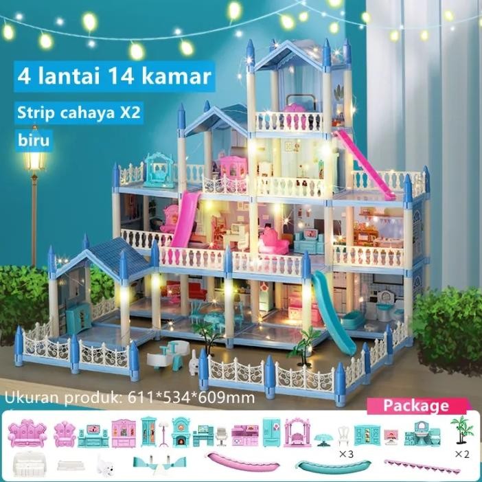 3D Princess Big Villa DIY Rumah Boneka Pink Castle Bermain Rumah Dengan Slide Yard Kit Dirakit Rumah