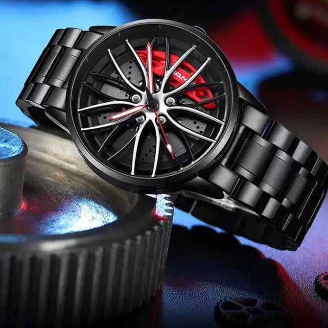 JAM TANGAN PRIA DESAIN RIM VELG RODA BAN MOBIL SPORT STAINLESS STEEL